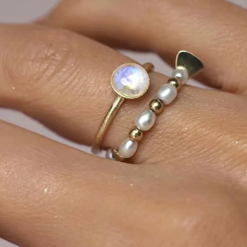 High End 18K Gold Plated Dainty Fresh Water Pearl Beads Rings Stainless Steel Jewelry Trendy Finger Ring