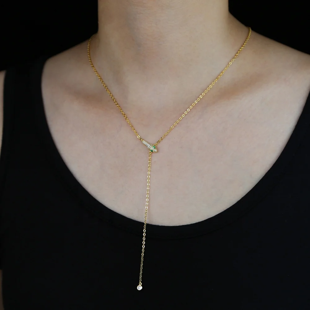 

2020 new design high quality women sparking bling cubic zircon thin link chain gold silver color snake long drop charm necklaces, Black