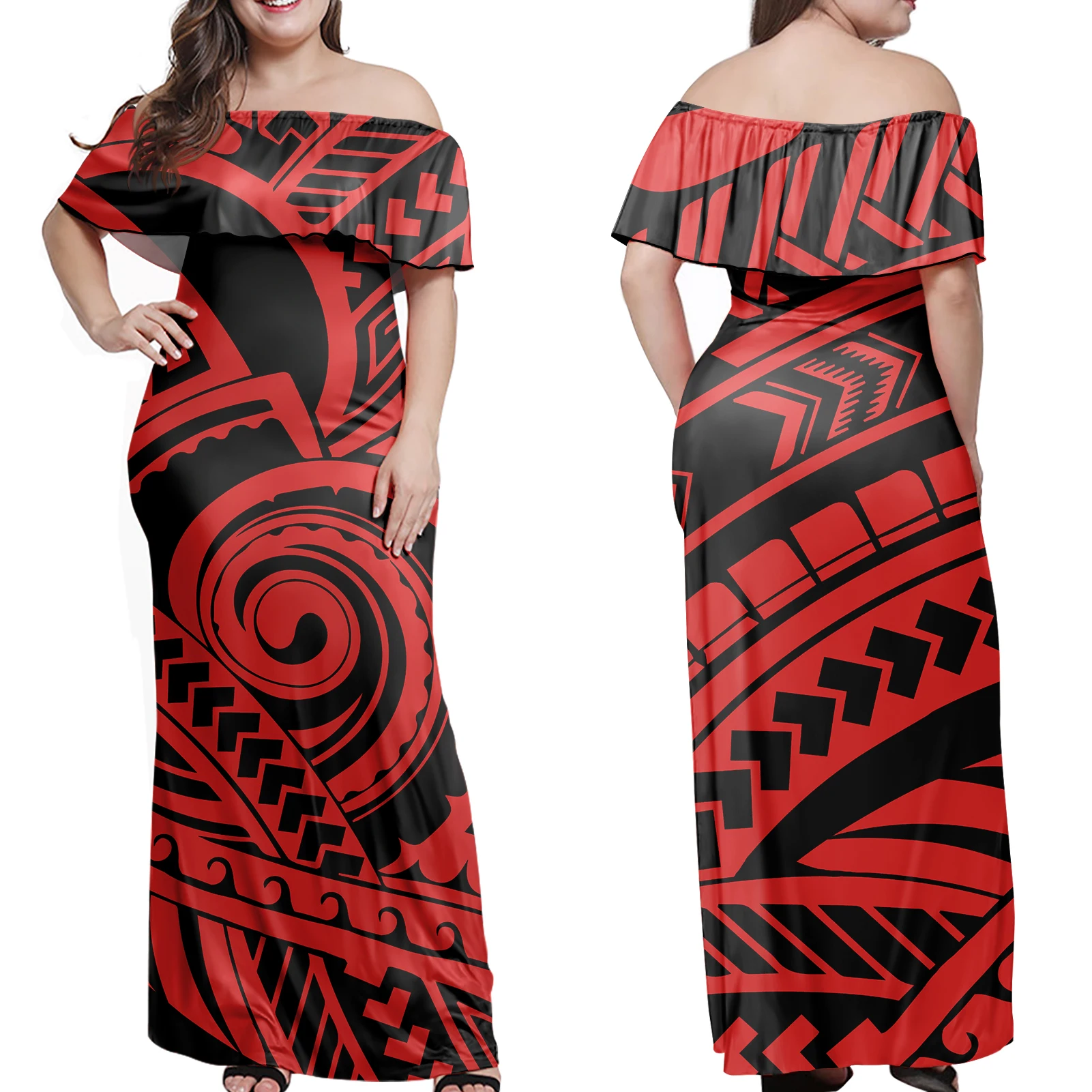 

Maxi Dress Summer Polynesian Floral Red Stripe Print Evening Party Casual Plus Size Maxi Dress Off The Shoulder Women Maxi Dress, Customized color