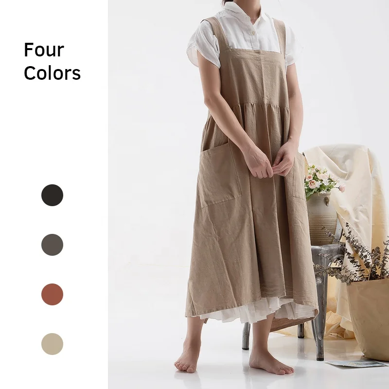 

High-quality japanese 100% linen apron woman crossed back adjustable long apron, Grey