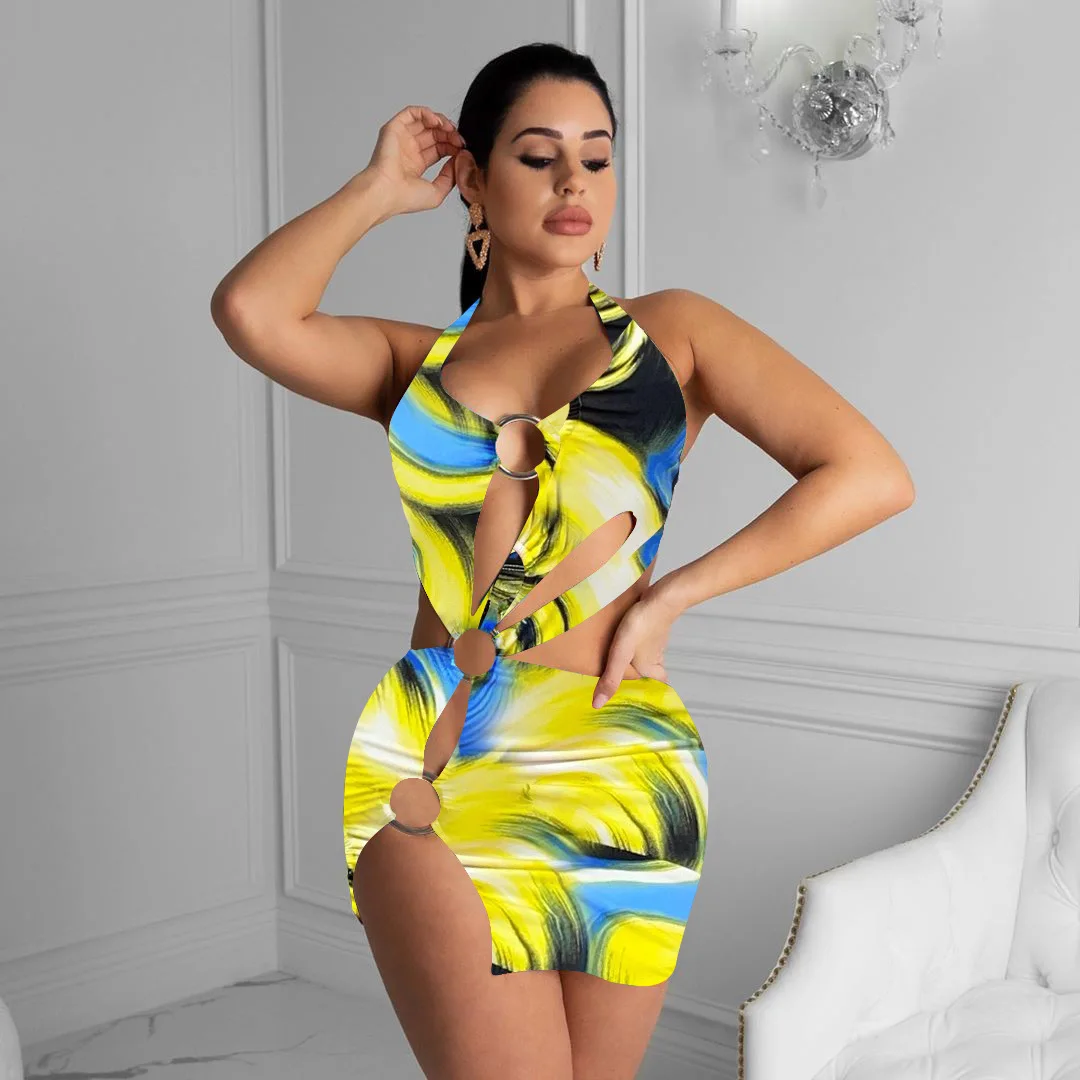 

FS3995A Fashion print halter backless beach dresses women swimwear dresses