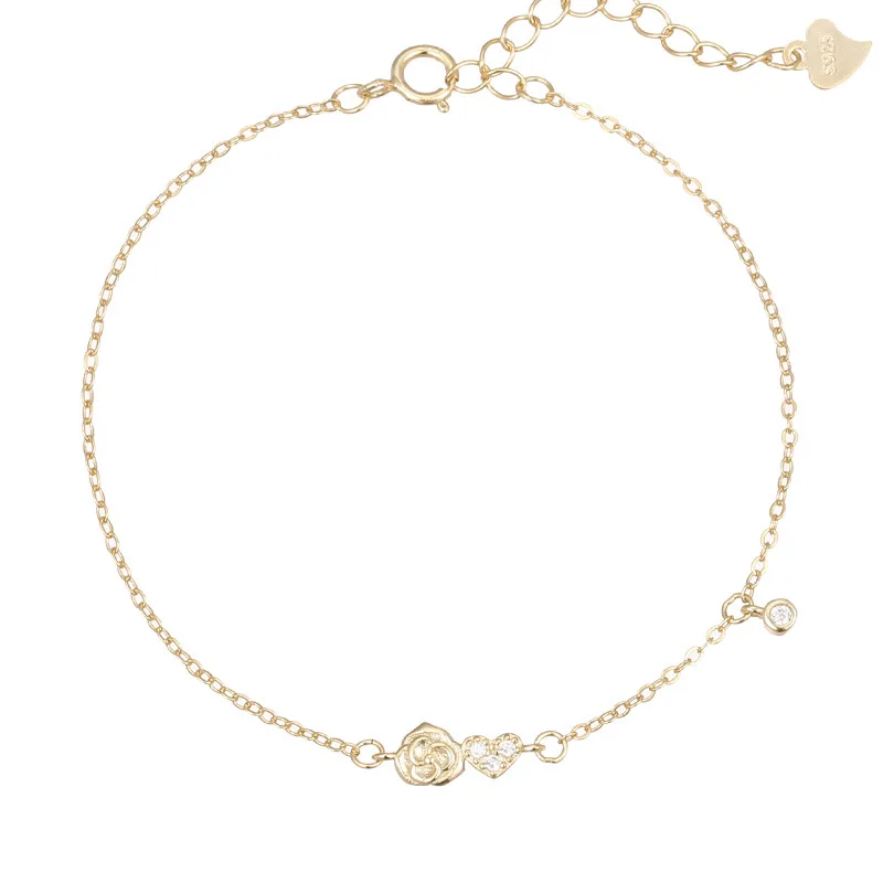 Fashion Jewelry 925 Sterling Silver Heart Zircon Bracelet Romantic Rose Flower Gold Plated Bracelets for Women