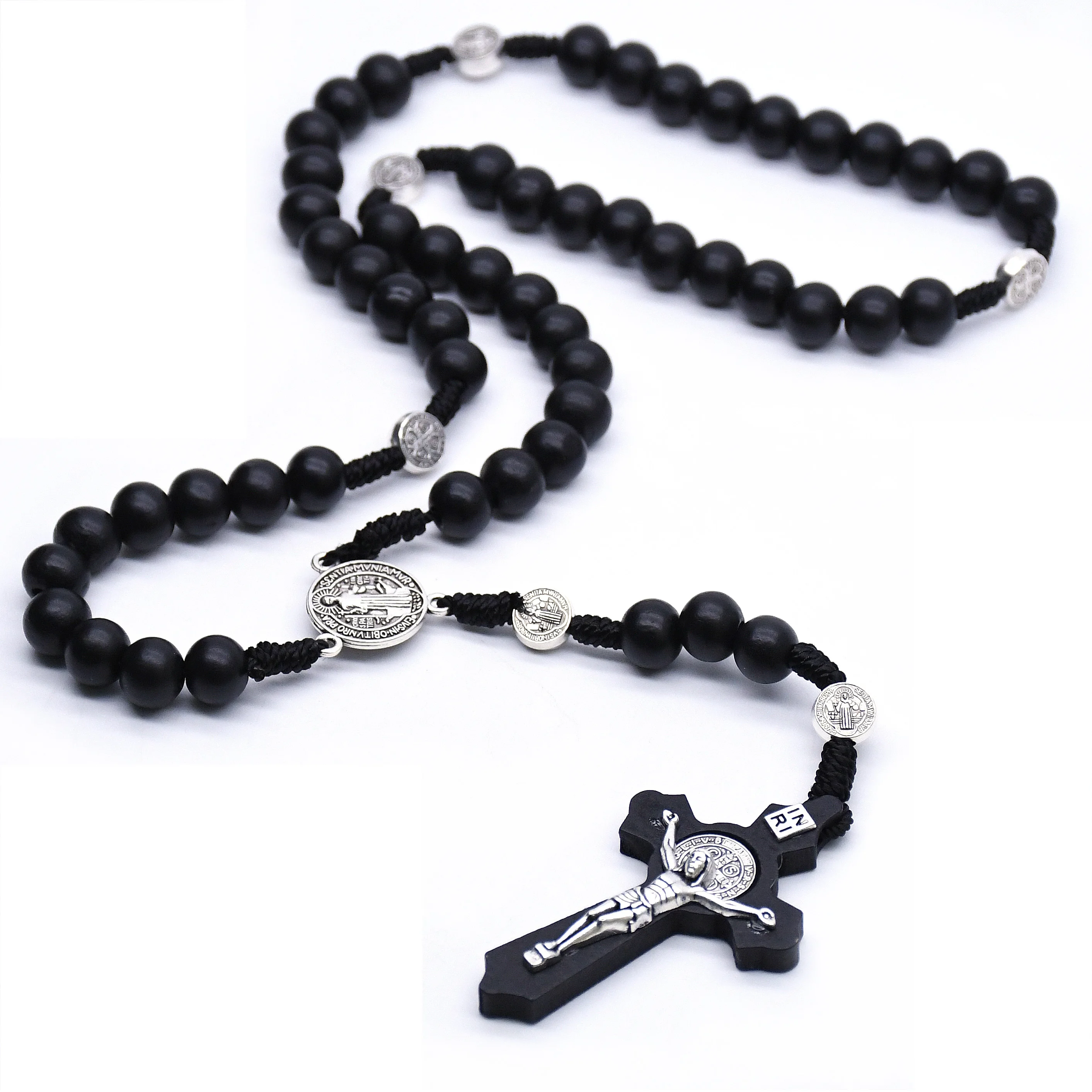 

Handmade Wooden Beads Rosary Necklace St Benedict Crucifix Cross Cheaper Wood Rosary Necklace, Wood and black, brown