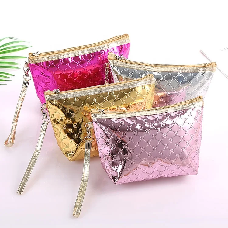 

Private Label Toiletry Makeup Bag Travel Laser Cosmetic Wristlet Pouch, Purple, gold, silver, hot pink