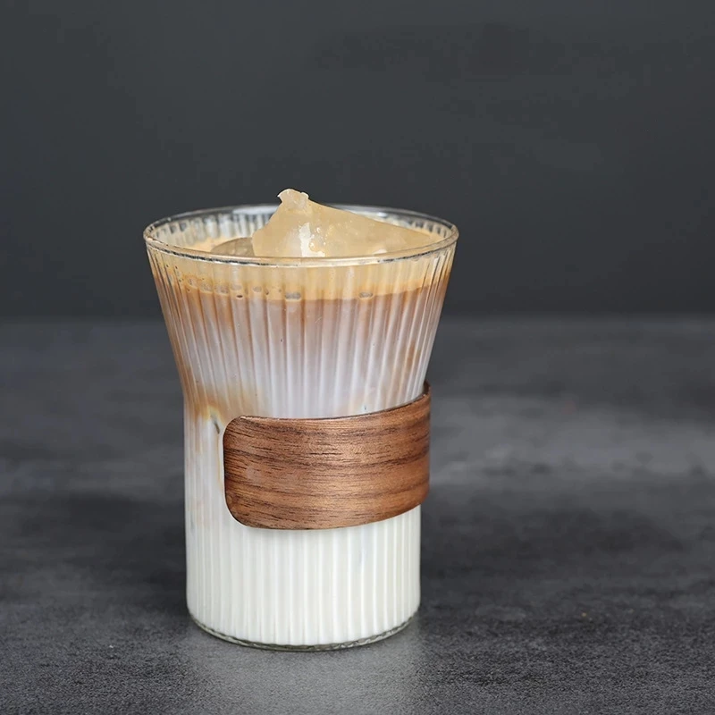 

Japanese Style Glass Coffee Mug Walnut Cup with Wooden Holder Drinking Glasses Kawaii Cup Coffee Glass Cup, As picture