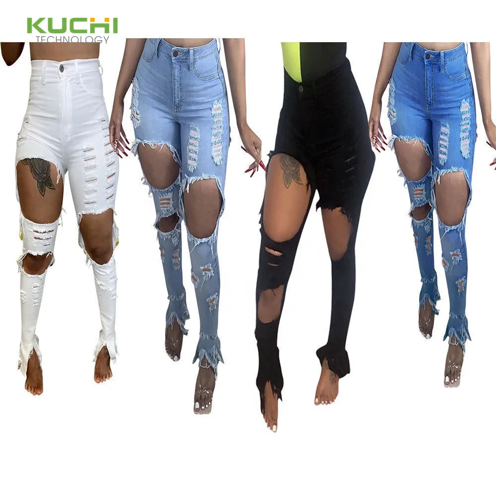 

Wholesale 2020 Women Plus Size Clothing Jeans Pants Ladies Bell Bottom Denim Women High Waist Ripped Flare Jeans Denim Trousers