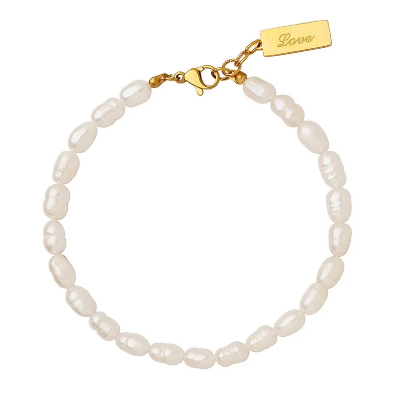 

18k Gold Plated Stainless Steel Lucky Charm Quality Fresh Water Pearl Jewelry Natural Baroque Freshwater Pearl Bracelet