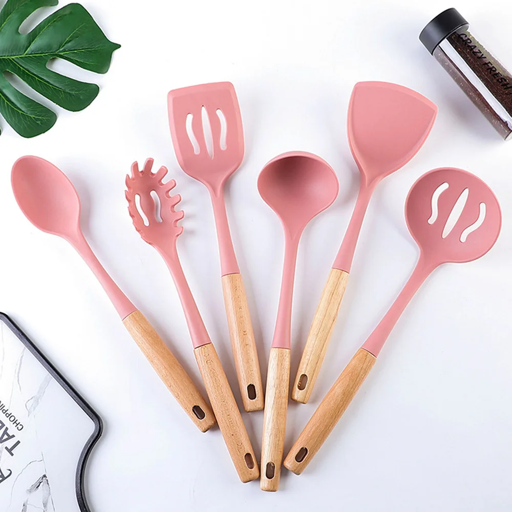 

Good Quality Kitchen Accessories 6 pcs Pink Non-Stick Spoon Spatula Silicone Kitchen Utensils Cooking Tools Wooden Handle
