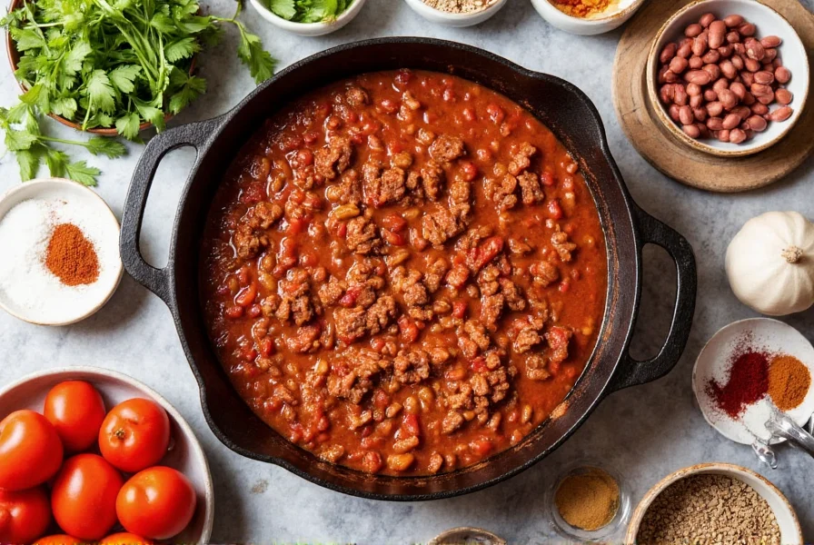 Quick chili recipe in cast iron pot with ingredients arranged around it showing ground beef, canned tomatoes, beans, and spices