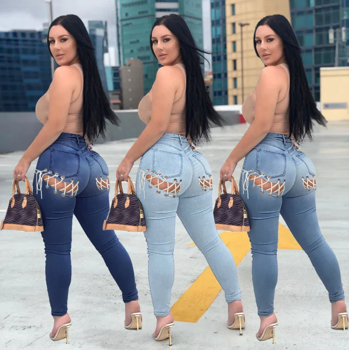 

2021Women Stylish Design Plus Size Ladies Hollow Out Bandage Ripped Jeans High Waist Skinny Jeans woman