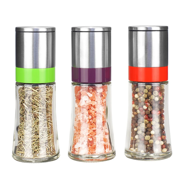Amazon hot selling colorful 18/8 304 Stainless steel Upside down Ceramic Pepper and Salt Grinder Mill with 70ml glass bottle jar