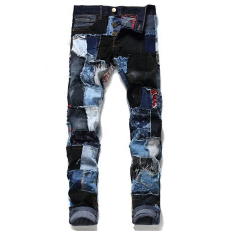 

Voogue Punk Style men's Hole pants European and American high-end color Straight Retro motorcycle jeans, Customized color