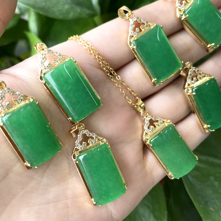 

Jialin Jewelry gold plated chinese bless cloud tags rectangle green natural stone jade pendant necklace