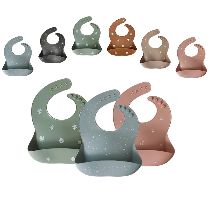 

Waterproof BPA Free Silicone Baby Bibs Cute Pattern Printed with Food Cather, Dark gray,muted,clay,sage,ether,warm taupeor custom colors