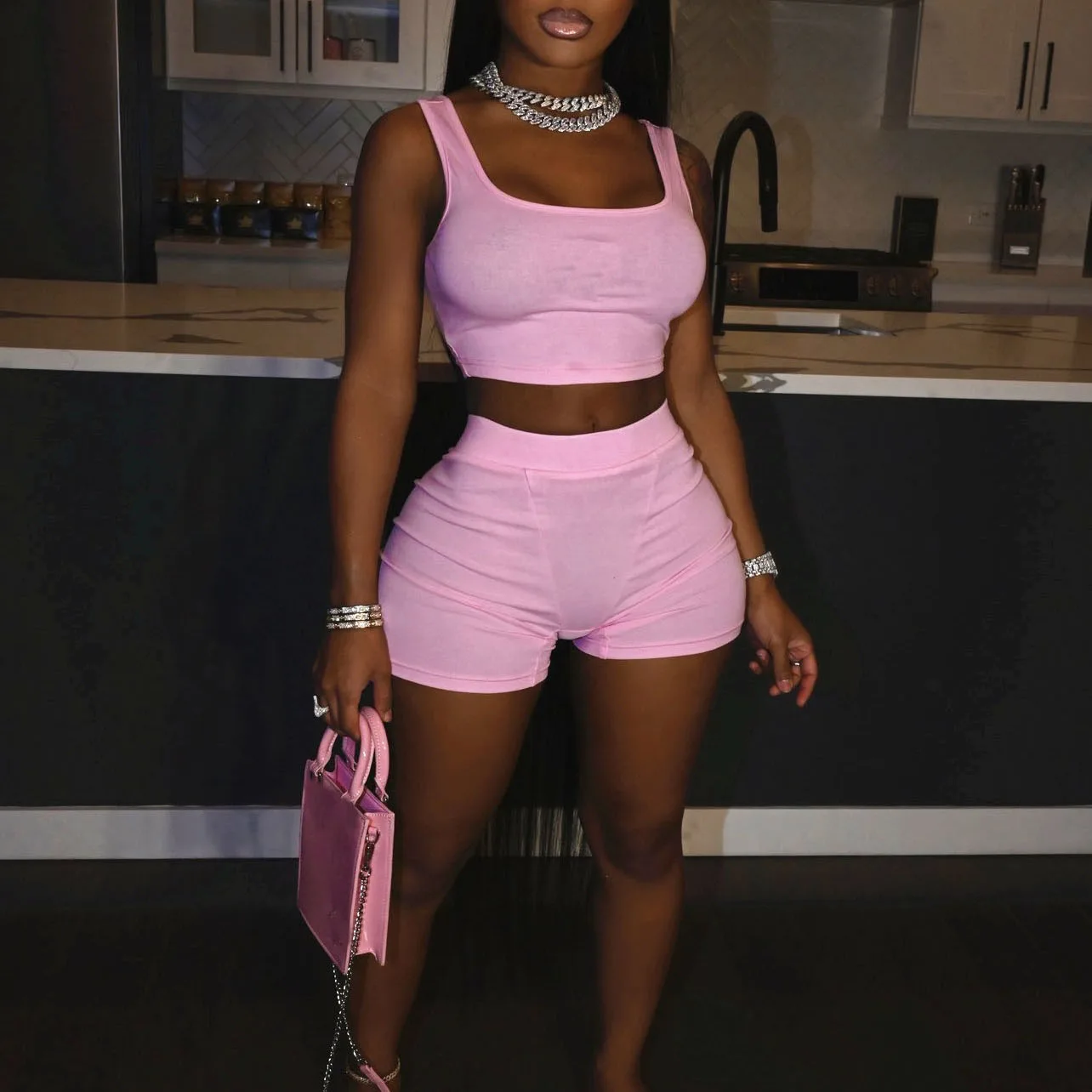 

FS3154D solid colors Two Piece Suits summer jogging Outfits Sleeveless Crop Tops and Shorts Set for woman