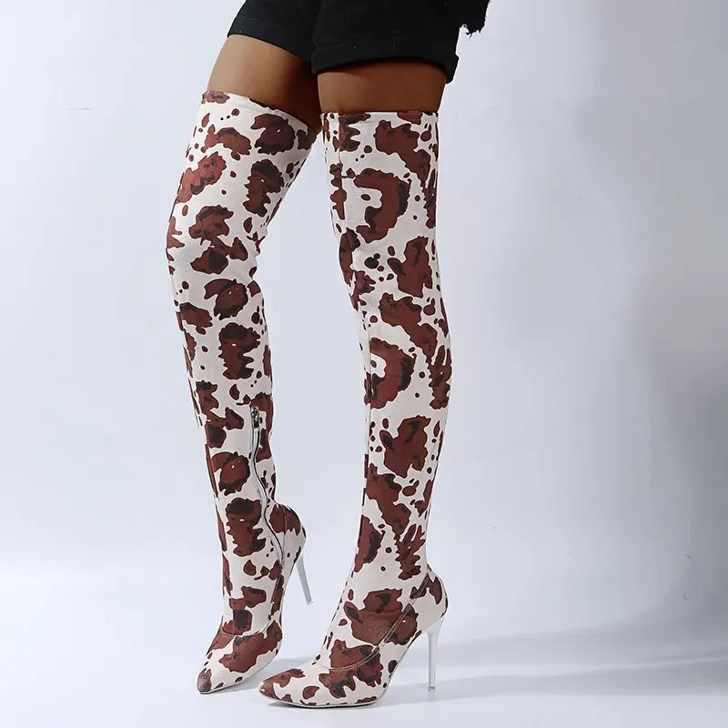 

Over the knee boots thigh high elastic cloth boots sexy thin heel high-heeled fashion women's boots floral printed long pumps