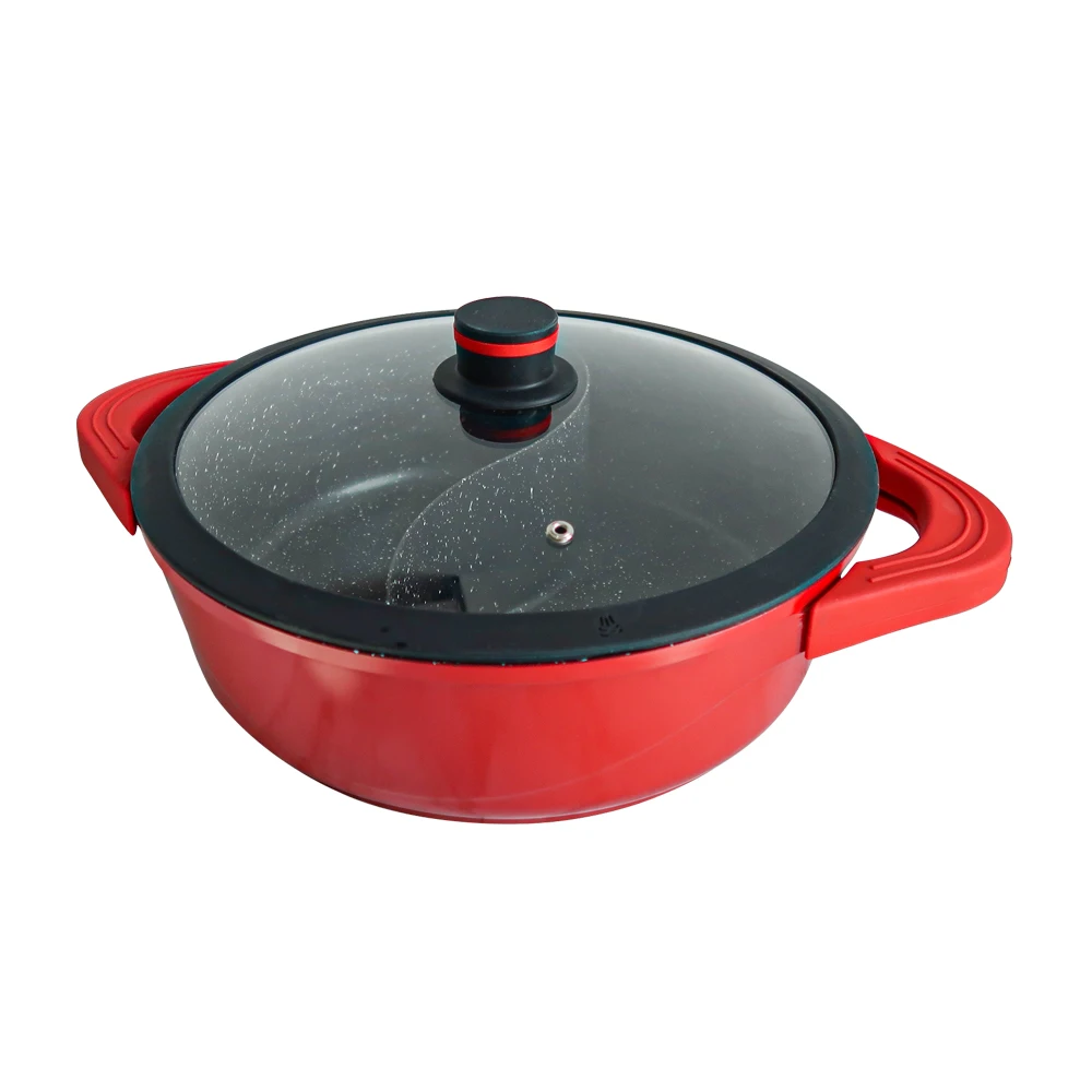 

Wholesale Chinese Multifunction Aluminum Divided Hot Pot Non Stick Red Granite Coating Shabu Shabu Hotpot