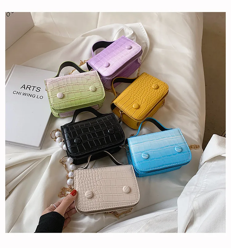 

L344 summer ladies pu leather crocodile pattern square candy color sling bags mini women handbags with pearl, White, yellow, purple, green, blue, black