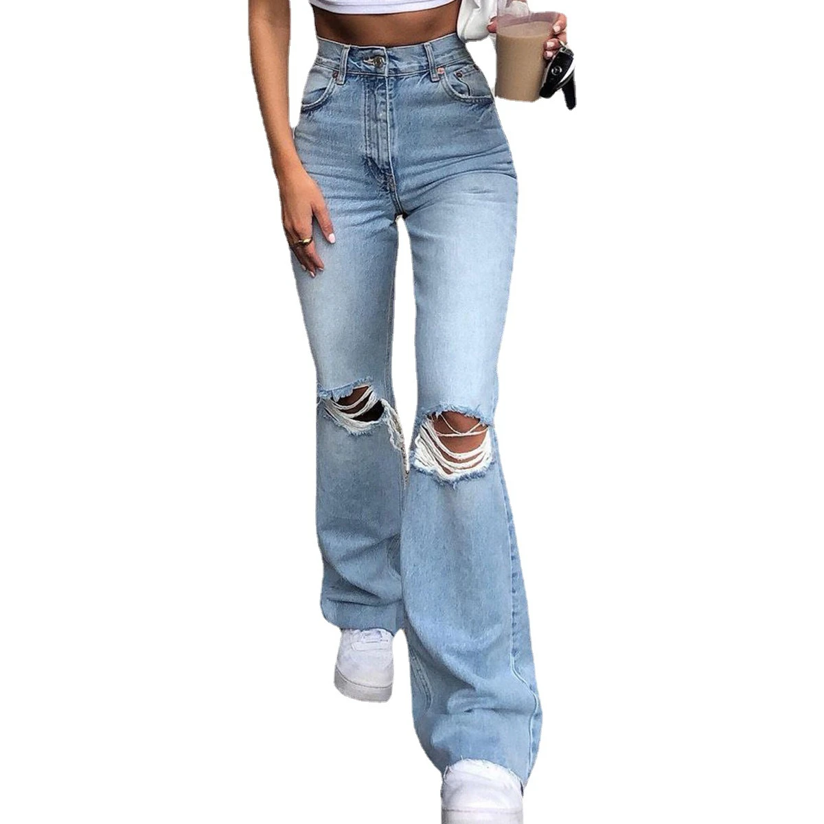 

Quality flare Pants Female Women's Jeans cotton Large Size Boyfriend Jeans High Waist Mom knee Ripped Jeans 2021 streetwear sexy, Color