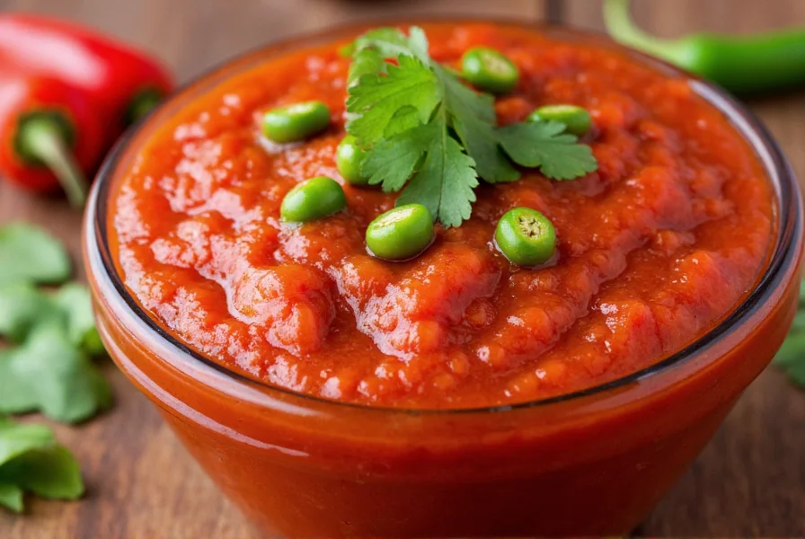 Close-up of vibrant red chili chutney in glass jar with fresh green chilies and cilantro garnish