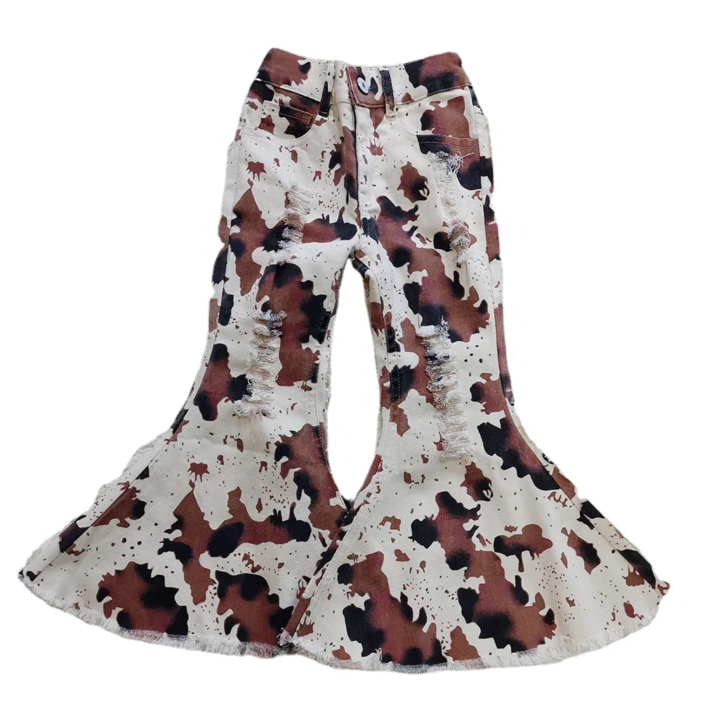 

New hot sell distressed cow print bells Baby and Kids Bell Bottom Jeans customizable