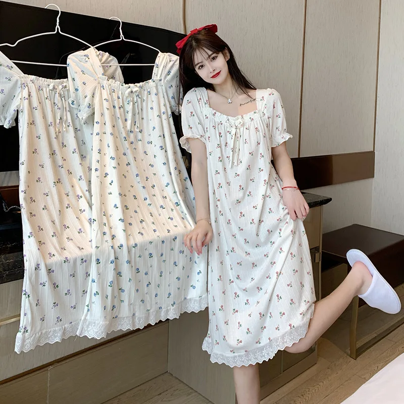 Thin Style Sweet Floral Printing Lady Nightgown Loose Breathable Cotton Women's Pajamas Can Worn Externally