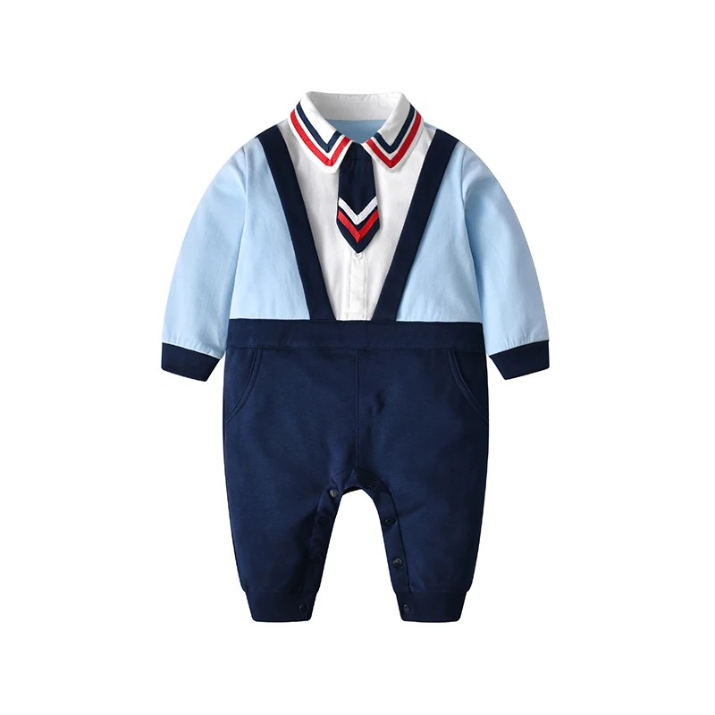 

Knitted Spring Rompers baby boy gentleman tie romper 92% cotton baby boy clothes snap button jumpsuit with a tie wholesale, Bule