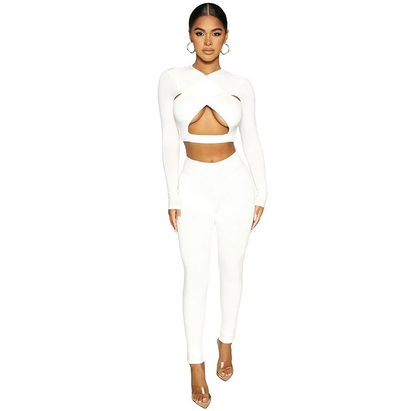 

women two piece set ladies crop top stacked pants tracksuit jogger sets sexy skinny outfits irregular spring clothes, Picture