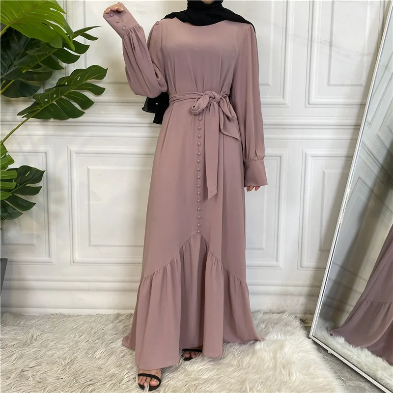 New Arrival Solid Color Free Belt Chiffon Maxi Dress Islamic Clothing Muslim Dubai Button Modest Abaya With Pockets