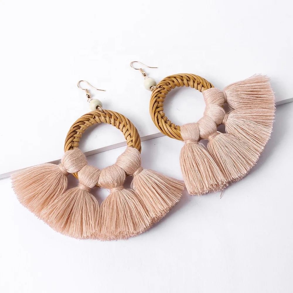 

Bohemian style exaggerate big handmade rattan weave prevent allergy long drop earrings for women, Colorful