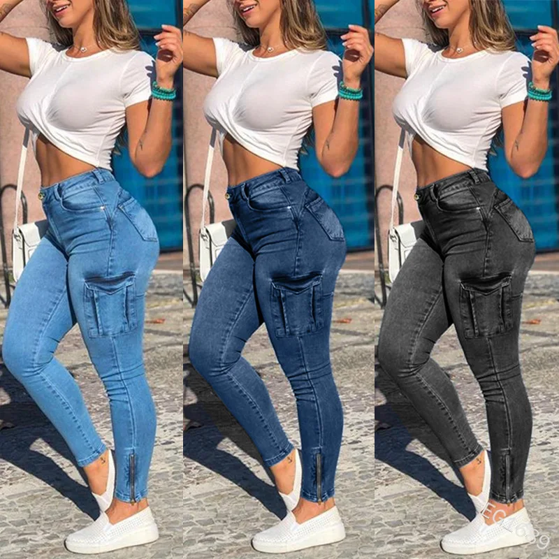 

New Trendy High Waist Plus Size Skinny Jeans Pants Casual Fall Winter Women Denim Cargo Trousers, Picture color