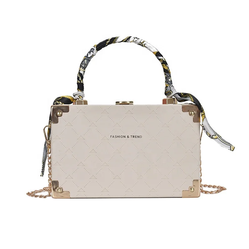 

Latest New Silk Scarf Handle Small Square Bags Diamond Chain Box Shaped Bag With Studs