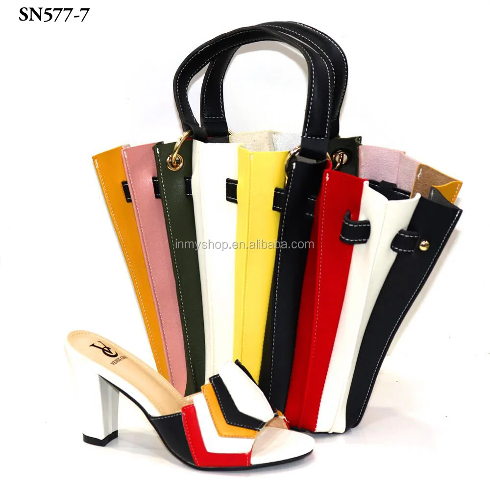 

Factory outlet colorful sandals designs italian women shoes bag set 9CM purses with slipper shoes women custom styles