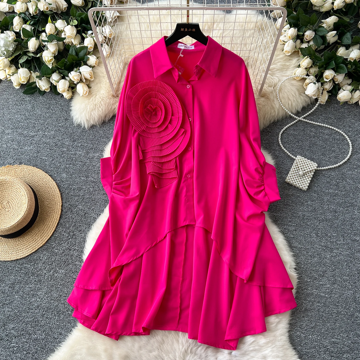 Boutique Wholesale 2026 Autumn New Fashionable Retro Flower Loose Irregular Pleated Long Women's Shirt