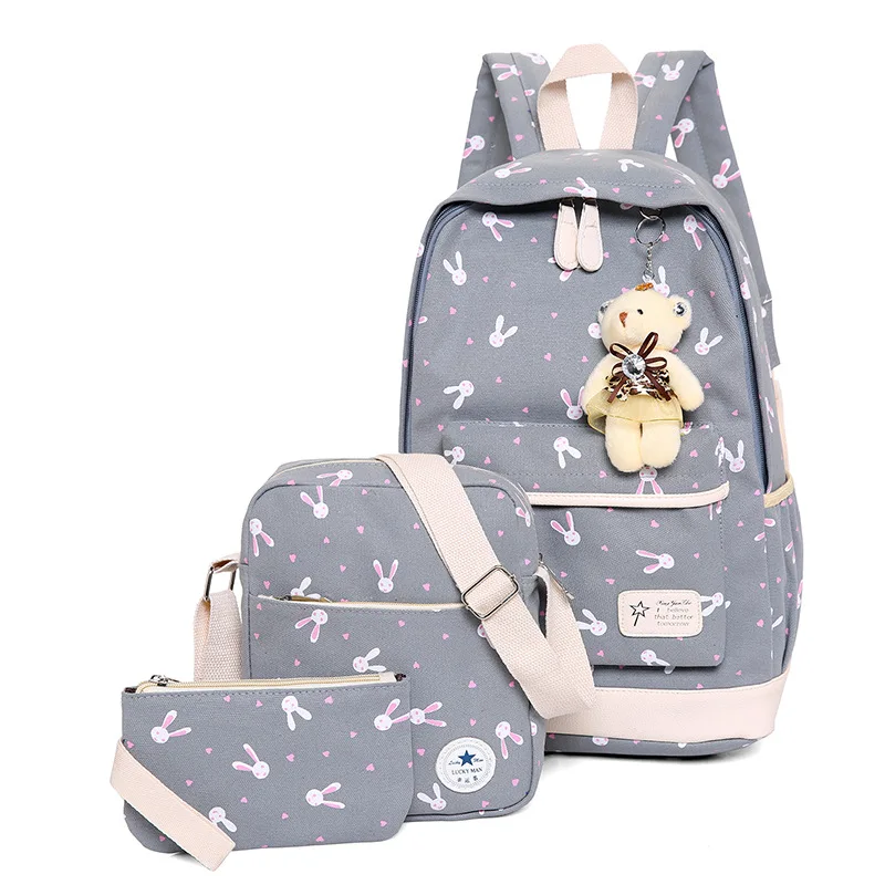 

Wholesale Fashion Design Bear Rucksack Girl Cute Ornament Children Casual Backpack 3 Piece Set, Purple, green, black, blue, pink, gray, red