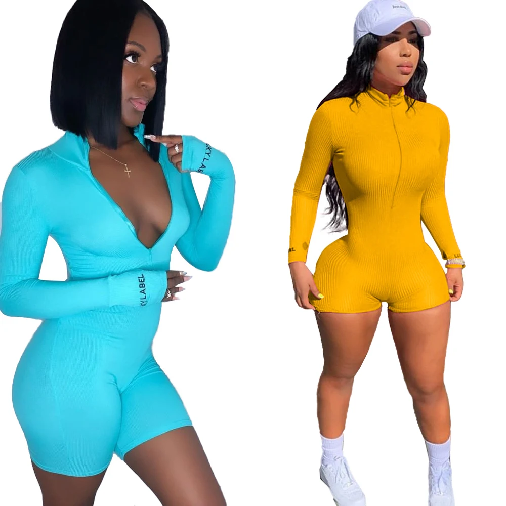 

In Stock New Arrivals 2021 Ribbed Playsuit Long Sleeves Slim Fit Zipper Up Rompers Womens Jumpsuit Short