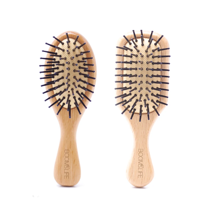 

custom logo scalp massager brush comb for hair growth beech wood nylon pins travel size small girl women hair straightener brush