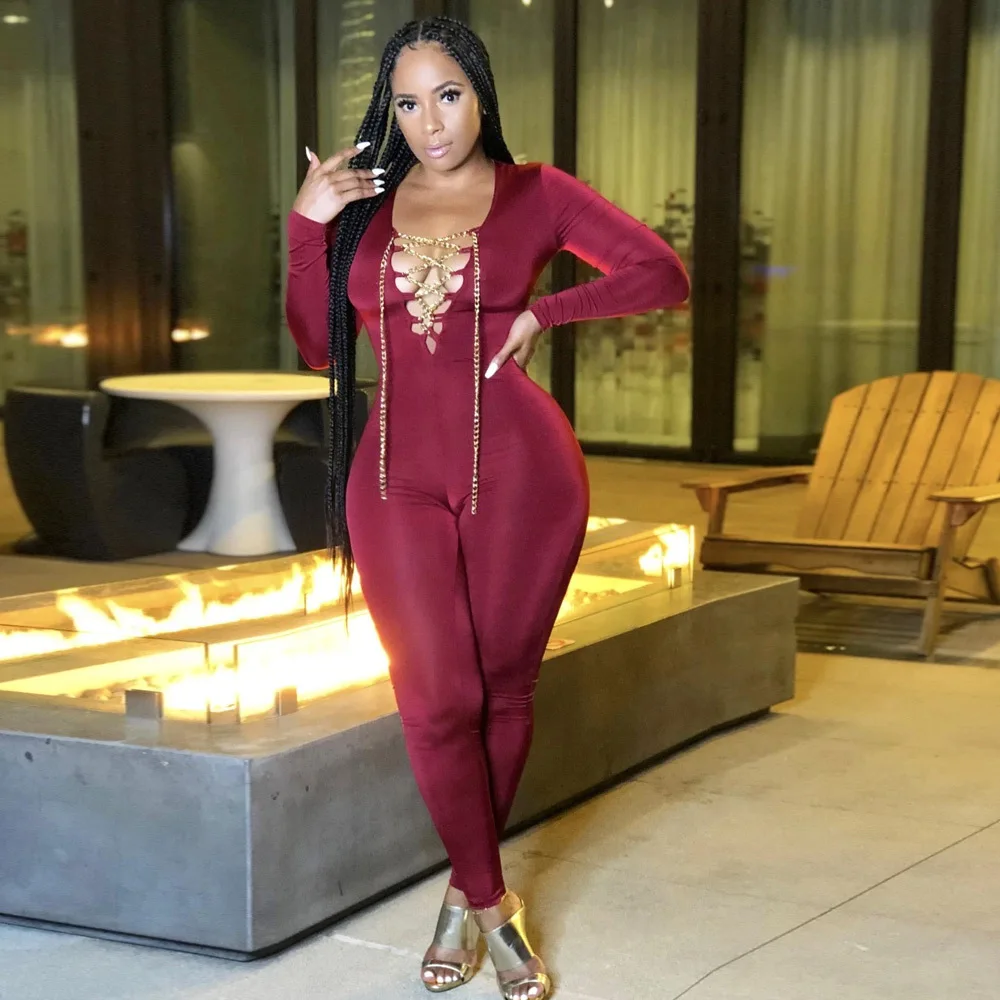 

Solid Color Sexy Chain Tie Long-sleeved Tight Trendy Jumpsuit, Picture color