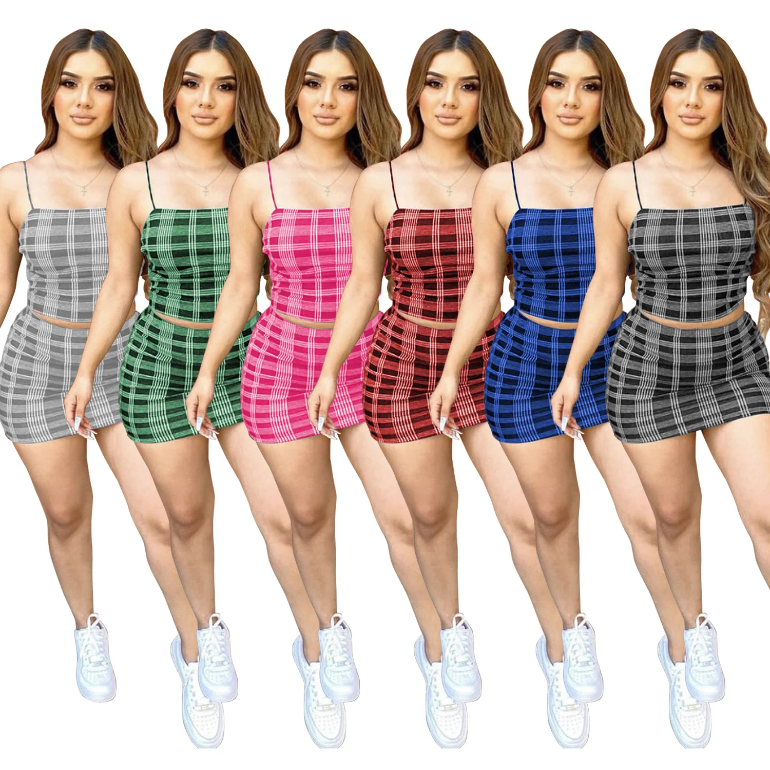 

Women Sexy two piece suit Dress skirt plaid halter top plaid skirt suit, 6 color