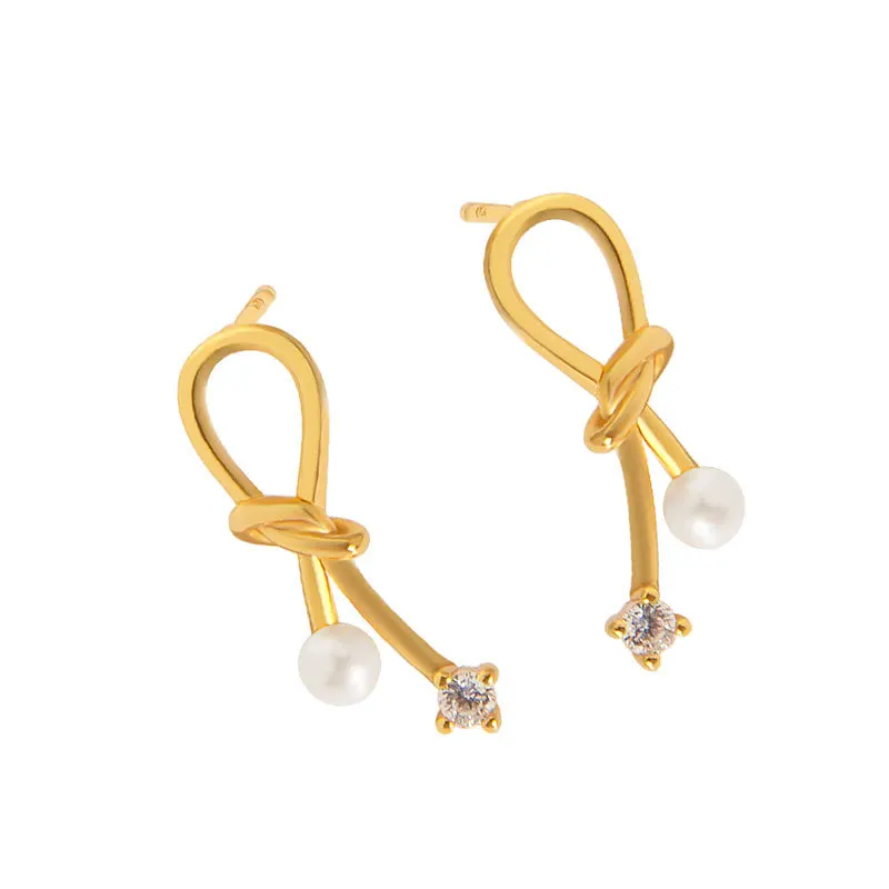 

HY-ES004 Japan and South Korea simple fashion trend zircon bow pearl earrings S925 sterling silver geometric earrings women