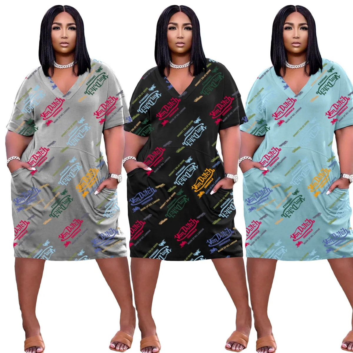 

MT91-6158 Women's spring and summer plus size oversize loose solid color sexy V-neck casual dress ladies dress dress