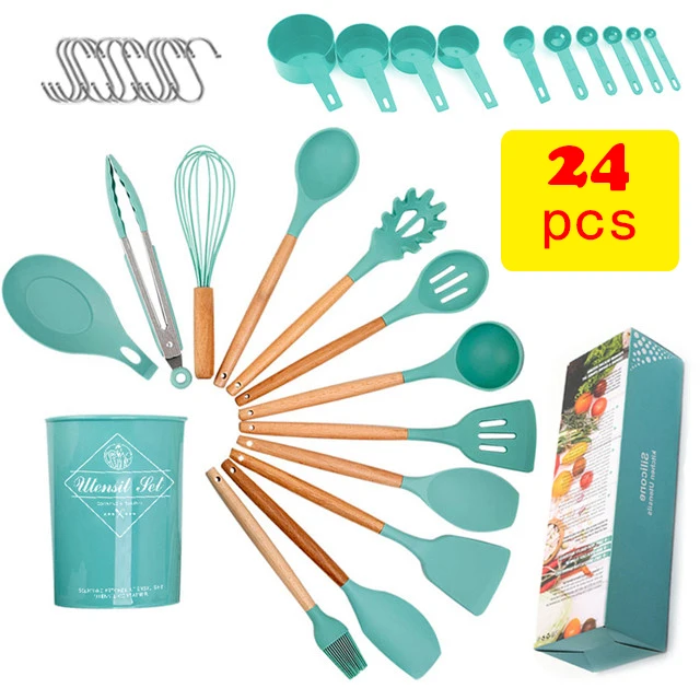 

Cheap Colorful 24 Pcs Wooden Handle Silicone Kitchen Cooking Utensils Tool Set Kitchen Tools Utensils Set, Green,black,pink,gray,light green