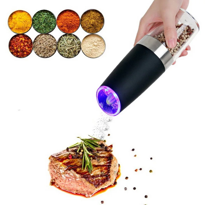 

Electric Gravity Salt and Pepper Grinder Set with Adjustable Coarseness Automatic Pepper and Salt Mill Battery Powered Blue LED, Black+clear
