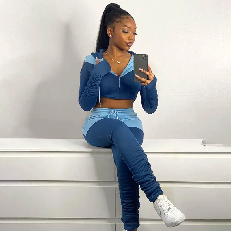 

2021 fall Long sleeve Patchwork 2 piece sweatsuit set women cotton thick hoodie set with sweatpants