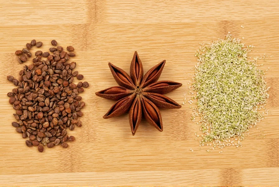 Close-up comparison of anise seeds, star anise pods, and fennel seeds on wooden cutting board