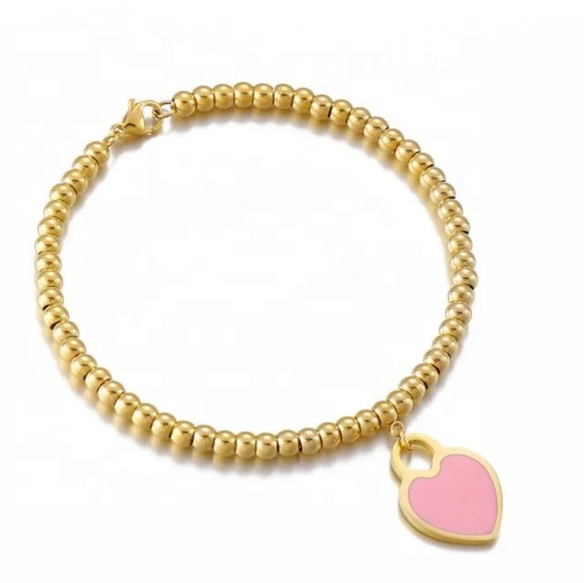 

Yiwu Aceon Stainless Steel Chain Linked Bead Shinny Ball Brand Peach Heart Colorful Enamel Heart Charm Bracelet
