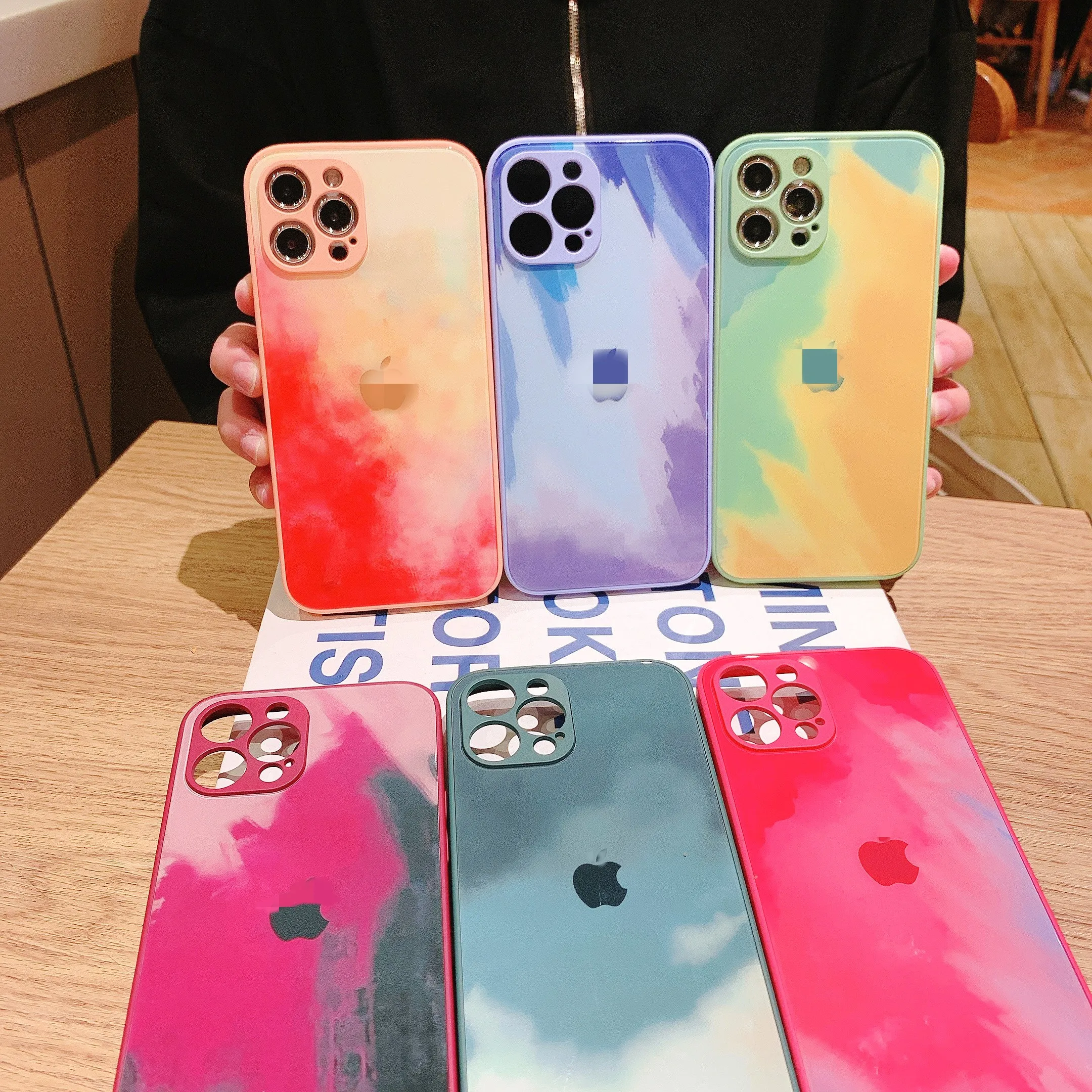 

Custom Design Newest Watercolor Plating Tempered Glass Phone Case For iPhone 12 Mini 11 Pro MAX XR XS 7 8 Mobile Phone Bag Cases, Watercolor planting colors