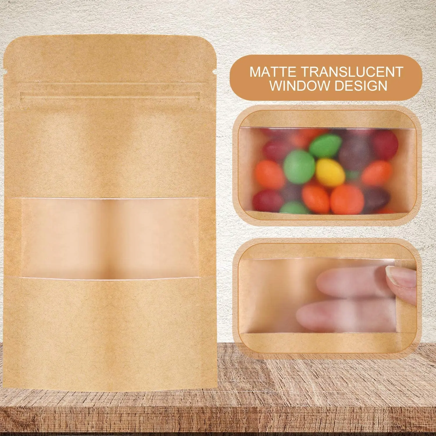 
Custom printed brown kraft paper food and snacks with clear window stand up pouches 