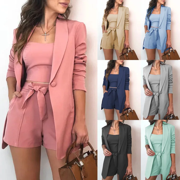 

Office Pink 3 Pieces Suits Tank Top High Waist Shorts Set Casual Ensemble Blazer Classy Clothing For Ladies Suits, Picture color