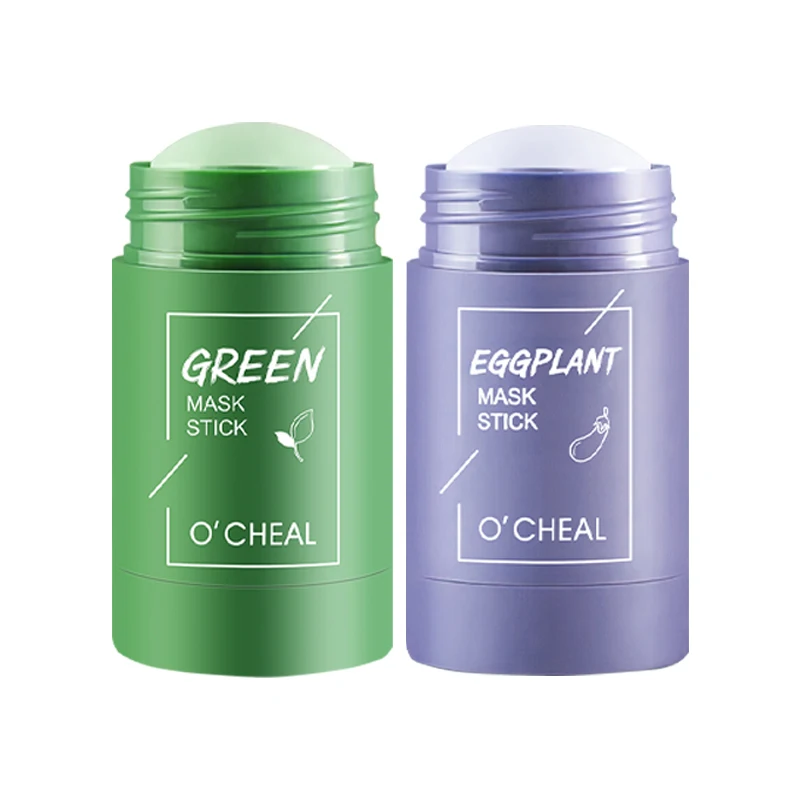 

Green Tea Deep Cleansing Mud Mask Oil Control Anti-Acne Eggplant Solid Masks Purifying Clay Stick Mask Moisturizing Skin Care, Green and purple